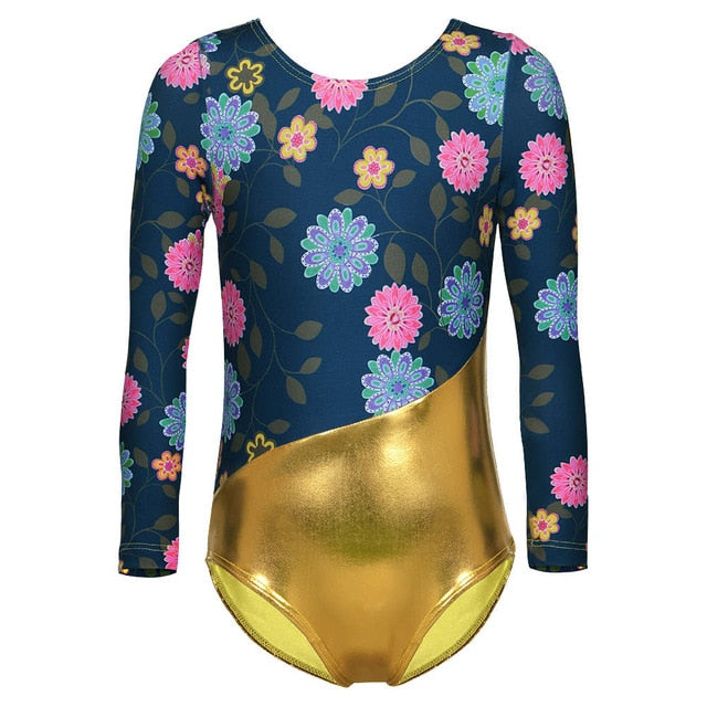 Flower Ribbon 2-15Y Gymnastics Dancesuit Girls Long Sleeve Dance Leotards