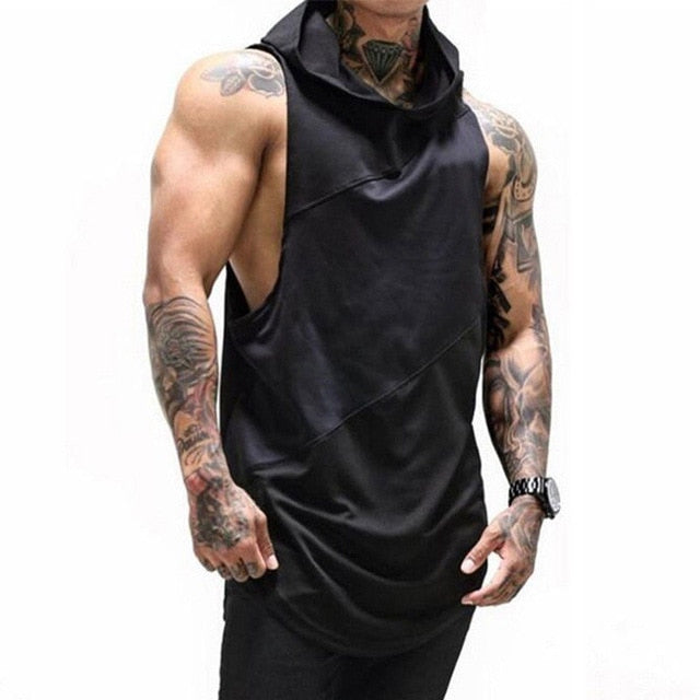 Brand Clothing Bodybuilding Solid Color Fitness Men Hooded Tank Top Vest Stringer  Sleeveless Hoodie Clothes