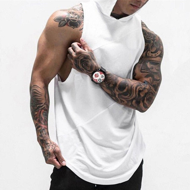 Brand Clothing Bodybuilding Solid Color Fitness Men Hooded Tank Top Vest Stringer  Sleeveless Hoodie Clothes